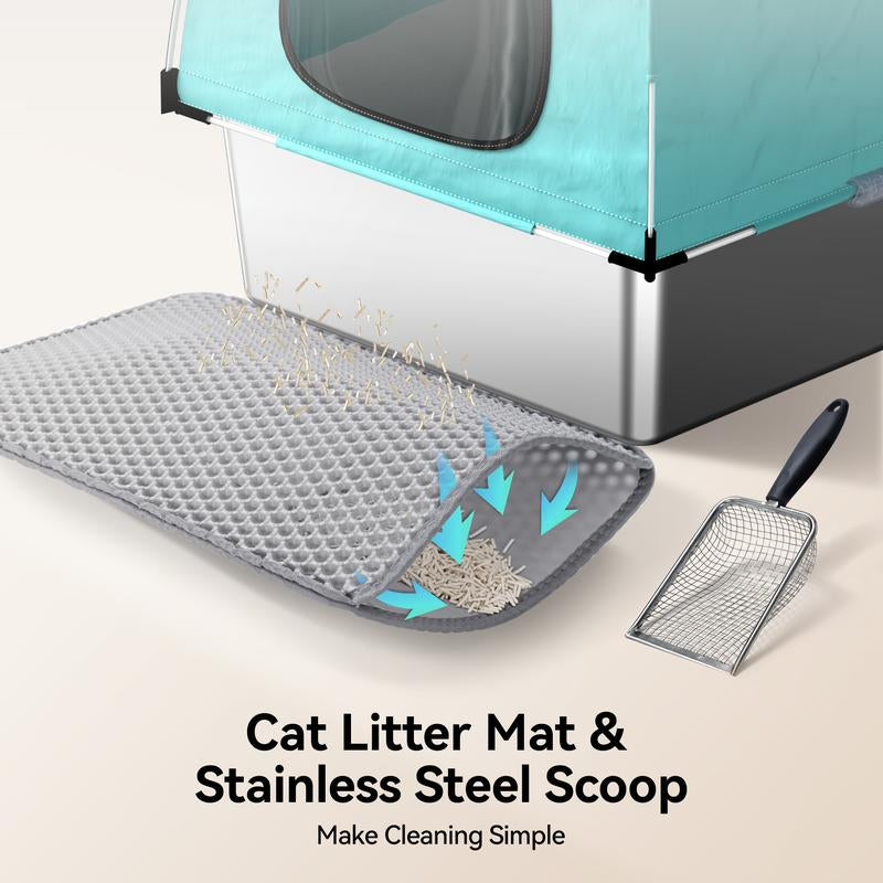 Meowant LB05 3-In-1 Stainless Steel Cat Litter Box Large Splash-Proof Odor-Resistant Detachable Cover Eco-Friendly Blue-Green Design with Oxford Fabric Cover and Litter Mat