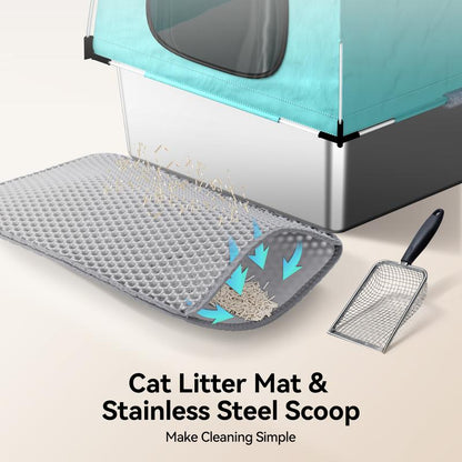 Meowant LB05 3-In-1 Stainless Steel Cat Litter Box Large Splash-Proof Odor-Resistant Detachable Cover Eco-Friendly Blue-Green Design with Oxford Fabric Cover and Litter Mat